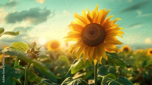 Fototapeta 夏の写実的なひまわり - 青空と緑の背景01