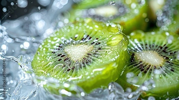 Fototapeta People enjoying slices of green kiwis at a picnic with water droplets and splashes highlighting their refreshing nature against a white background Stock Photo with copy space