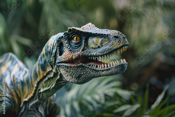 Obraz Generative ai on theme of big scary hungry dinosaur with kind eyes and sharp teeth destroying park