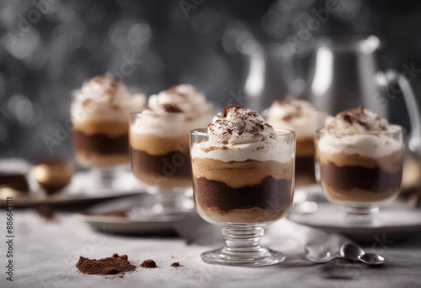 Fototapeta rich tiramisu served in a crystal glass with a dusting of cocoa powder
