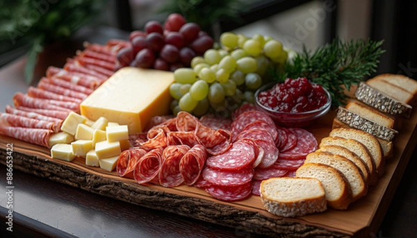 Fototapeta Tábua de frios salame queijo pão geleia montagem profissional gastronomia uva frutas madeira IA Generativa