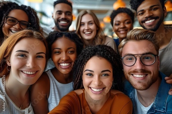 Fototapeta Multicultural Happy Team: Embracing Friendship and Smiles in a Young Group selfie Portrait in office