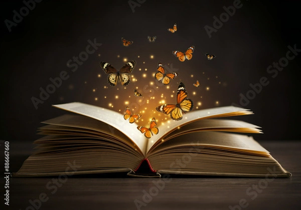 Fototapeta Open book with butterflies coming out of it.