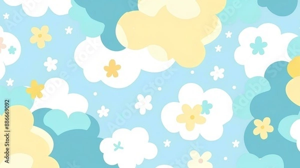 Fototapeta Cute cartoon cloud pattern with a light blue and yellow color scheme on a white background children's wallpaper style