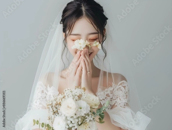 Fototapeta beautiful Asian bride in white wedding dress, smiling and holding a bouquet of tulips covering her face with the veil on it, minimalistic white background with a happy smiling expression