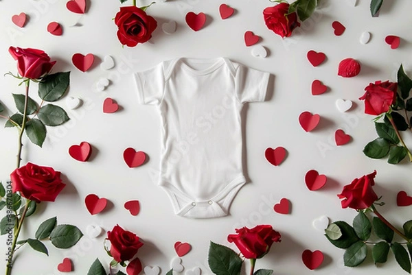 Fototapeta Valentine's Day themed white cotton baby bodysuit with red roses and paper hearts on a white background, February pregnancy announcement mockup template, Generative AI	