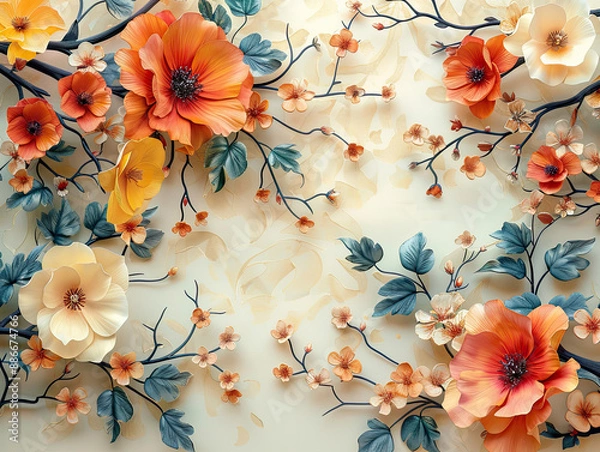 Obraz Elegant colorful with vibrant flower hanging branches illustration background. Bright color 3d abstraction wallpaper for interior mural, Generated by AI	