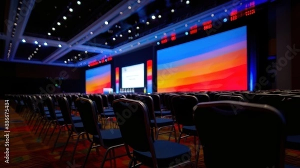 Fototapeta A large, empty conference hall with rows of chairs facing two colorful presentation screens, prepared for a corporate event.
