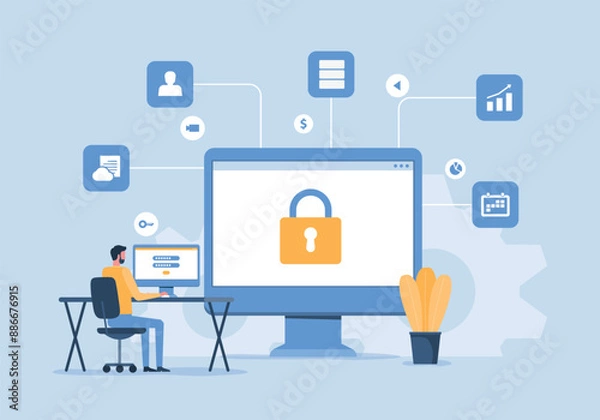Fototapeta flat vector illustration design business data protection and internet cyber security concept . business people working concept