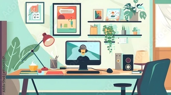 Obraz Modern Home Office With Computer, Desk, and Plants.