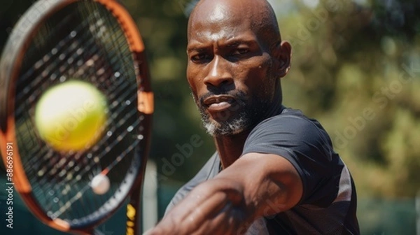Fototapeta A close-up portrait of a focused, bald tennis player, poised to return a serve
