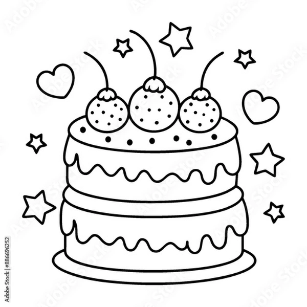 Fototapeta A fanciful, multi-layered cake coloring page in black and white lines.