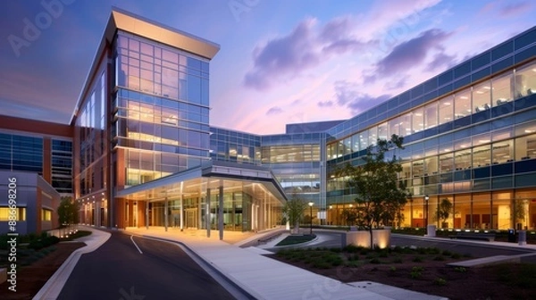 Obraz modern hospital exterior --ar 16:9 Job ID: 803dd0f9-e6f0-4e1d-8d12-fed91db185a3