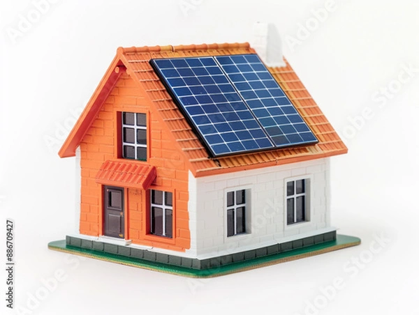 Fototapeta Miniature house model with solar panel on the roof. Isolated on white background. smart home energy saving concept