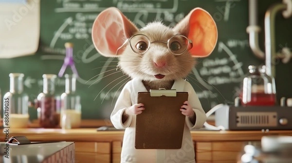 Obraz An adorable mouse in a lab coat and tiny glasses, holding a clipboard, standing in a school laboratory