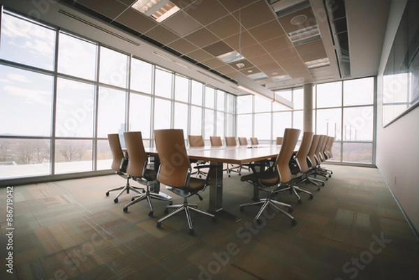 Fototapeta Interior with desks and chairs in a modern, clean conference room with large windows, Generative AI
