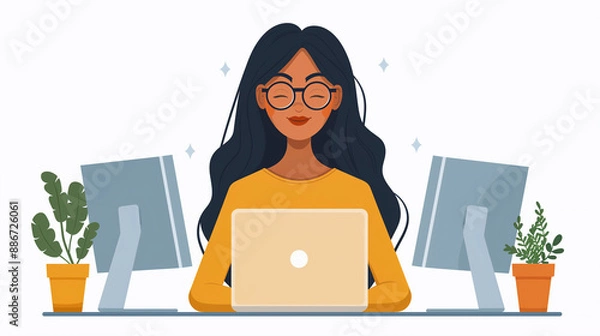 Fototapeta Illustration of a woman with long black hair and glasses sits at a desk with a laptop and two computer monitors. There are potted plants on either side of the desk