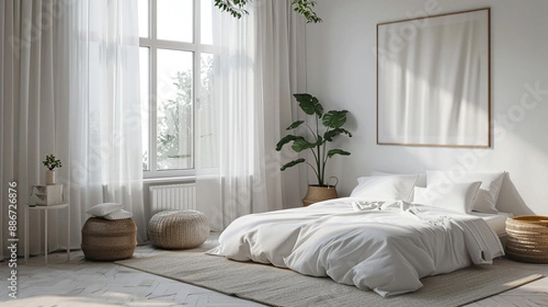 Fototapeta Modern chic white bedroom showcasing a plush bed, a serene lounge space, and a panoramic window. A mockup frame on the wall invites your unique artistic expression.