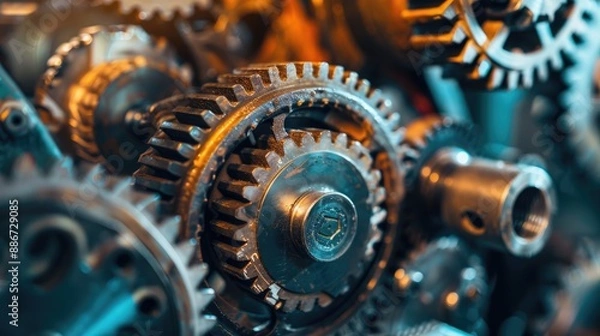 Fototapeta Industrial gears and mechanisms, representing innovative engineering and technology.