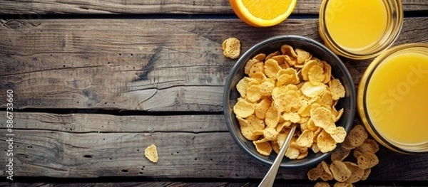 Fototapeta Crunchy corn flakes in a bowl with a spoonful of milk next to a fresh orange juice glass on a wooden table with a blank space for a picture. Copy space image. Place for adding text and design