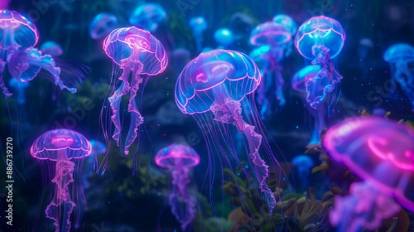 Obraz Bioluminescent Jellyfish Tank with Glitch Effect Morphing and Flickering