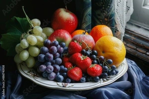 Fototapeta In the plate, there were delicious, appetizing fresh fruits—grapes, apples, and strawberries. The fruits were glistening in the sun.