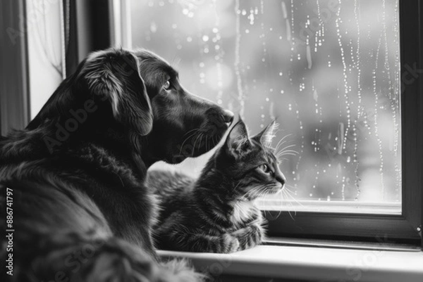Fototapeta By the window, a dog and a cat are sitting, looking out at the rain. Black and white style.