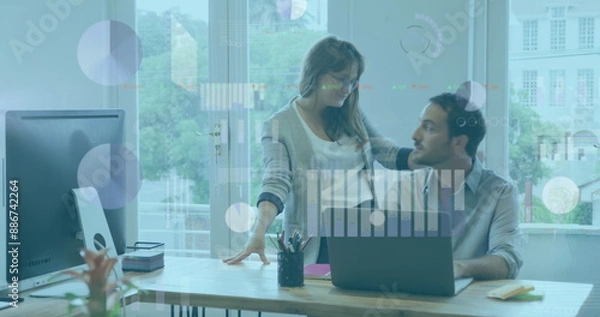 Fototapeta Image of financial data processing over diverse business people in office