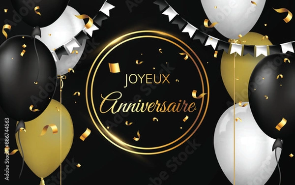 Fototapeta carte ou bandeau pour souhaiter un joyeux anniversaire en or dans deux cercles sur un fond noir avecdes ballons des confetis et des fanions de couleur or blanc et noir
