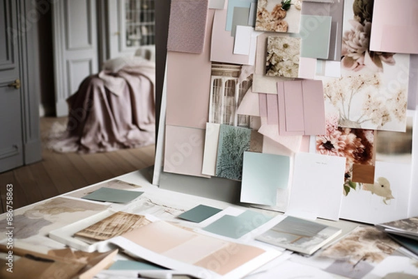 Fototapeta Designer mood board with materials and color swatches in soft pastel neutral colors