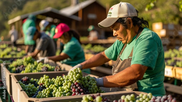 Obraz A woman is picking grapes in a field