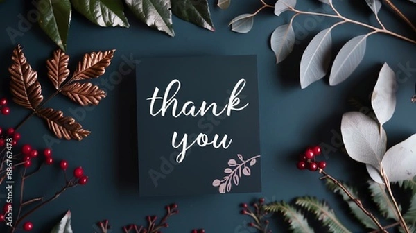 Fototapeta Elegant thank you card with handwritten text surrounded by autumn leaves and berries, perfect for expressing gratitude and appreciation.