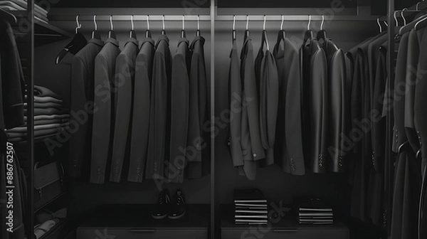 Fototapeta Organized Closet with Suits and Jackets

