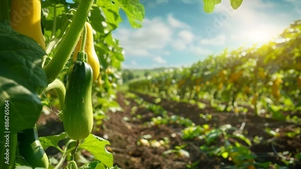 Obraz Zucchini plantation in summer with plants hung img