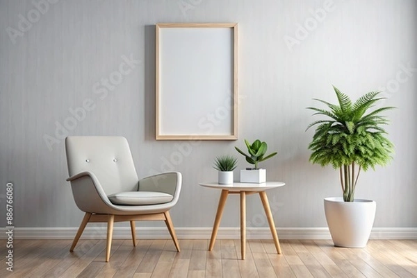 Fototapeta Sleek minimalist space featuring a white frame mockup on the wall, a retro-inspired mid-century modern chair, and a side table adorned with a lush succulent plant.