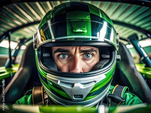Fototapeta Intense focus radiates from the helmet's open visor, revealing piercing eyes, surrounded by vibrant green racing livery, in a thrilling high-speed stock car cockpit scene.