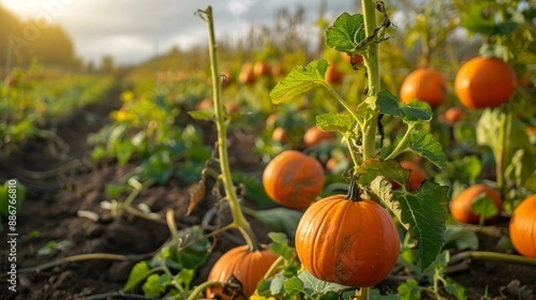 Fototapeta Pumpkin plantation in autumn with plants hung