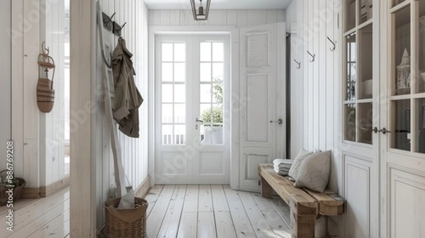 Fototapeta white farmhouse hallway with rustic coat rack and wooden bench glass front door and vintage style decor ideas