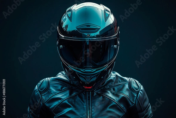 Fototapeta Front view of a motorbike raider wearing a black jacket and helmet on a dark background with studio light