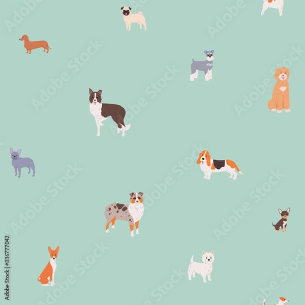 Obraz Seamless pattern with dog breeds. Vector illustration for textile, decoration and packaging. Border collie, Basset hound, Golden doodle and more
