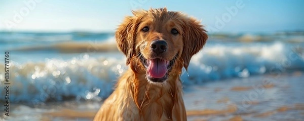 Fototapeta Fluffy dog with wet fur after a swim, Beach cute dog, playful and refreshing
