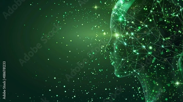 Obraz Artificial intelligence and modern technology concept. Glowing human face on a green background. AI learning, virtual data network and cybersecurity.