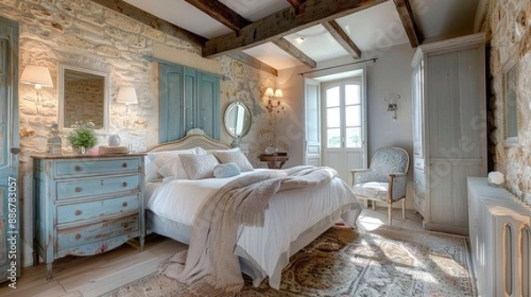Fototapeta french country interior design of modern bedroom in farmhouse with vintage furniture for a rustic and elegant atmosphere