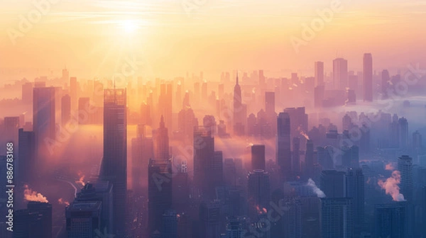 Fototapeta Minimalist depiction of a city skyline with smog above, and a clear sky line below on a split background, symbolizing air pollution