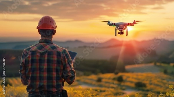 Fototapeta A man in a red helmet is looking at a drone flying in the sky