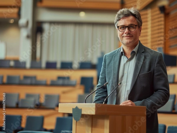 Fototapeta A male university professor in a lecture hall, standing at the lectern and engaging with the camera, 