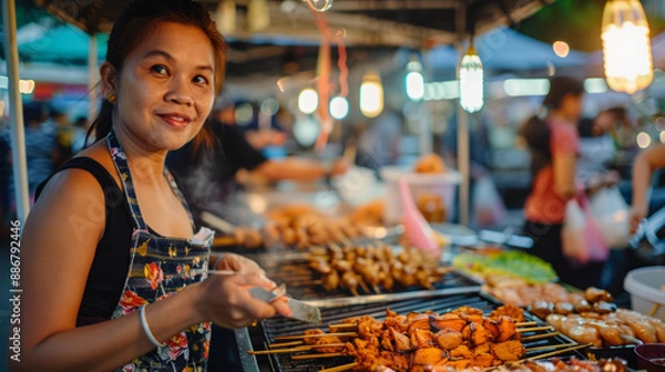 Fototapeta A woman sampling street food at a lively outdoor market, her expression one of pure enjoyment. Shallow depth of field, blurred background