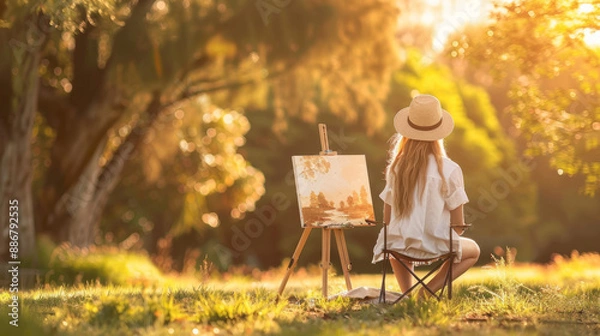 Fototapeta A woman painting on a canvas set up in a peaceful park, her artistic focus clear. Shallow depth of field, blurred background
