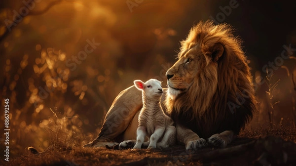 Fototapeta The Lion and the Lamb together in an image on a black background.