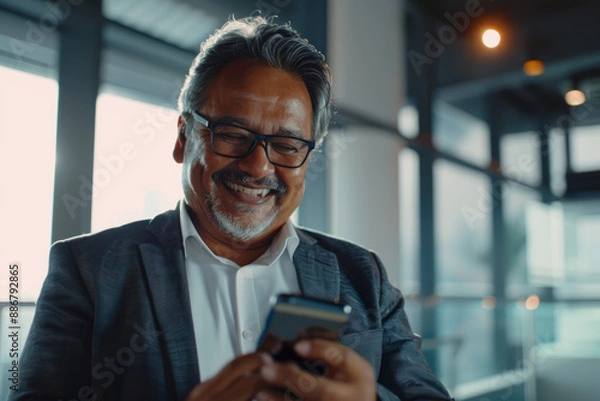Fototapeta A close-up of a smiling, mature businessman, either Latin or Indian, using a smartphone in his office for digital business solutions.